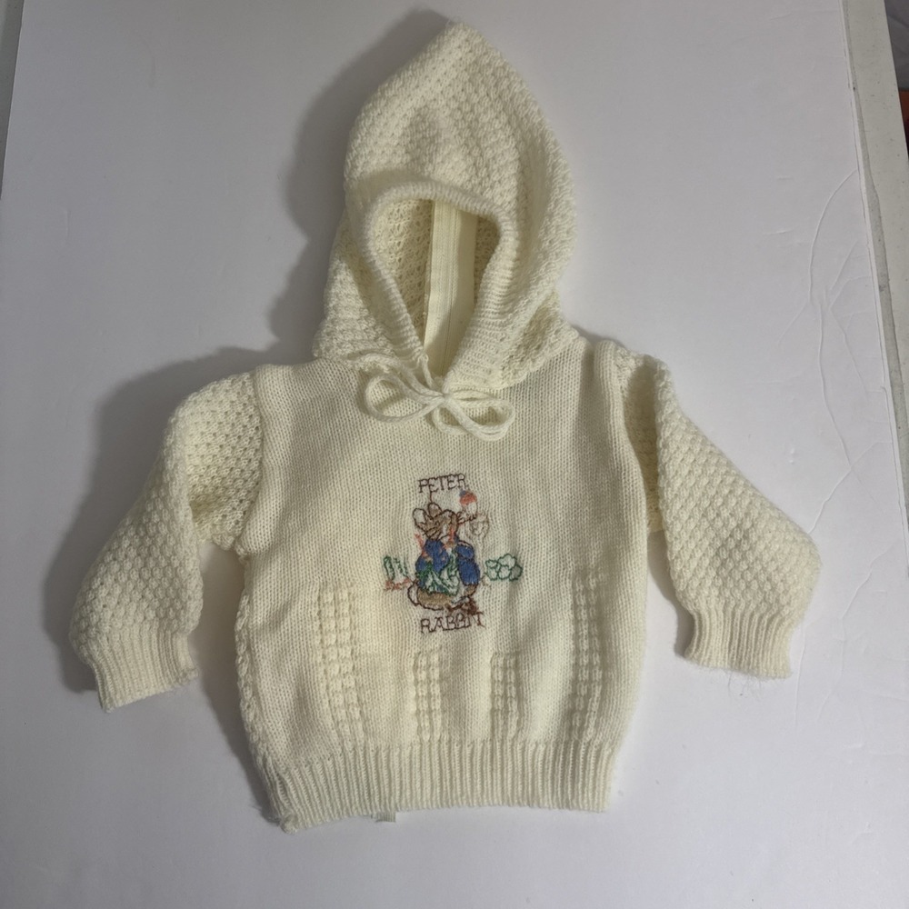 Vintage Quiltex Baby Hooded Sweater Peter Rabbit Ivory Beatrix Potter 0-6 Months